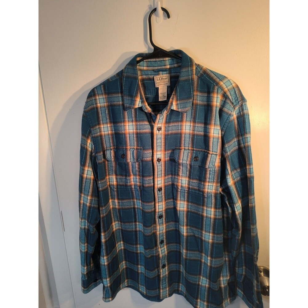 LL Bean 1912 Field Flannel Shirt Mens L Large Regular Slightly Fitted Teal Plaid